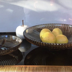 Vintage Ridged Glass Bowl set, french smoked glass 3D swirl bowls, Veropa, fruit bowl Boho home modern art
