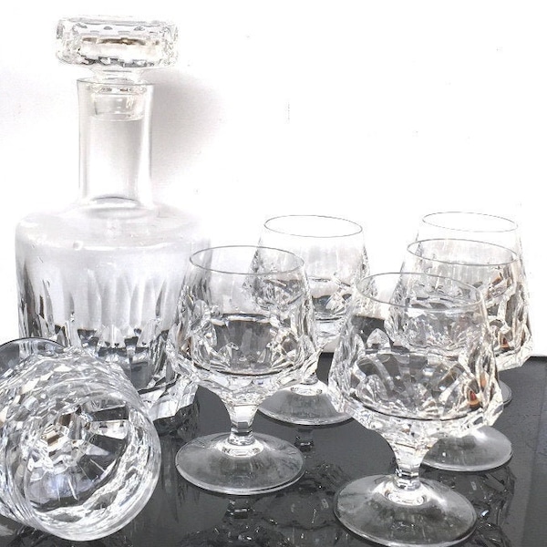 Bleikristall Brandy Set Handschliff Karaffe Gläser Set, 7 Teilig, Brandy-  Likörgläser  Deckel-Glas-Dekanter  edel und schwer, Boheme 1960er