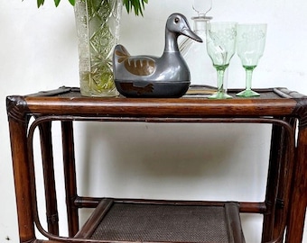 Vintage bamboo bar cart rattan cane bar Trolley Wicker braid Serving table handcrafted Mid Century Boho Table Tiki Interior 1960-70