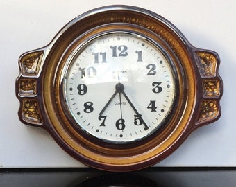 Beautiful ceramic wall clock, Manufaktur Staiger Germany handmade, kitchen clock brown orange glaze, Pop Art Orig.Vintage Quartz Clock 1960s