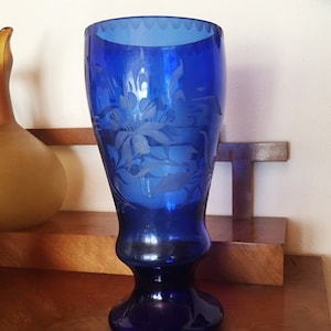 Bohemia cobalt blue glass vase, XL vase Blue Art Deco crystal glass vase, XL vase 31 cm / 12&quot; hand cut floral hand-cut bohemian