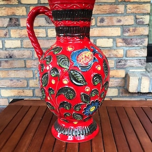 BAY ceramic floor vase XL red flower power rare beautiful vase, flower relief design floor vase West Germany handmade 1970s