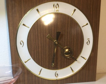 Mid century elegant wall clock minimalist wood design white-gold brass wall decoration 60s home decor flat wall clock wood decor