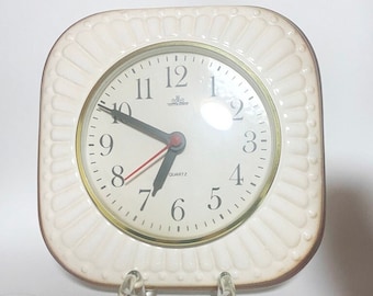 Vintage ceramic wall clock, white-ecru handmade ceramic clock, flower relief, Meister Anker clock, West Germany Quartz, Boho home 60-70s