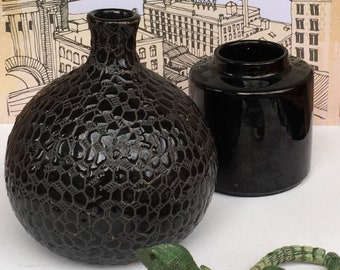 Ceramic vases black , 1x ball vase reptile relief, handmade art ceramics OR 1x Waechtersbach ceramic vase black 1950-60s