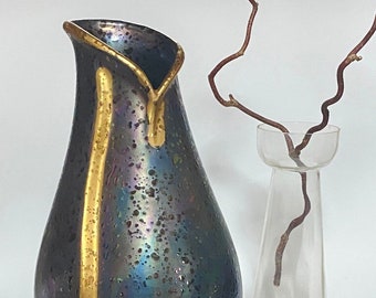 Antique Iridescent ceramic vase, handmade iridescent glaze, unique piece gold hand-painted, drops of rainbow glaze Raku Austria/Hungary