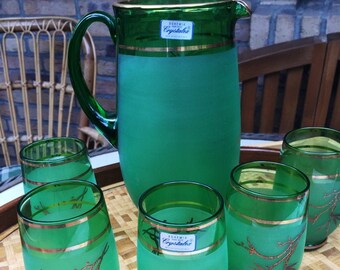 Vintage juice service, Bohemia handmade 24 k gold decor green glasses green glass pitcher cocktail service glass, MCM Czech art barware