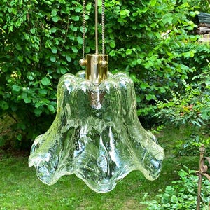 May include: A clear, textured glass pendant light with a ruffled, bell-shaped shade. The light fixture has a gold-colored metal top and chain. The background features green foliage and grass.