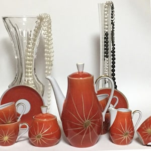 Art Deco mocha service, Oskar Schlegelmilch porcelain set, collector&#39;s cups, 24k gold hand painting vermilion red, very rare 1930-50s