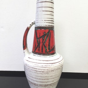 Modern Art ceramic vase, XL Scheurich Germany Art ceramics, handmade flower vase WGP white, red turquoise dancing scene decor 60s 70s