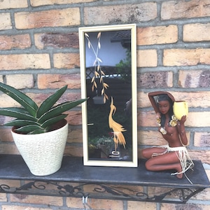 Mid Century Straw Art Wall decor fish heron in the water pond German folk art natural straw behind- glass picture framed Germany 60s 70s