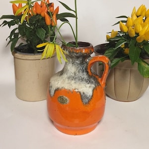 Orange Fat Lava Vase, handle vase, orange white gray jug vase, handmade lava glaze, space age ceramic flower vase 60s 70s