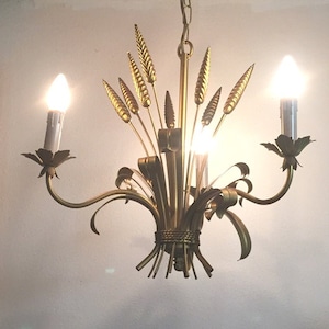 Wheat chandelier design lamp gold design Hans Kögl Ähren vintage chandelier lamp metal, Germany around 1960s 3 candles Florentine