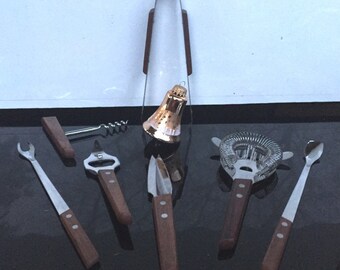 vintage Bar Tools rose wood Bartender Set BALLANTINES Knives Stainless Steel  PartyTools , Cocktail Mixing Utensils Ice Tongs Original 60s