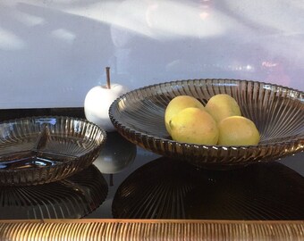 Vintage Ridged Glass Bowl set, french smoked glass 3D swirl bowls, Veropa, fruit bowl Boho home modern art