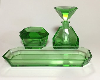 Bohemia lead crystal perfume glass set, green hand-cut lid jar Moser Kubist style, Karlsbad, multi-faceted perfume flacon, bowl 30s
