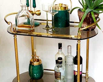 Vintage Bar Wagen vergoldet 22k Messing Glas Design Bar Trolley TOP Zustand oval groß Beistelltisch Hollywood Regency Einrichtung