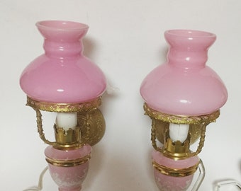 Pink glass sconces, brass glass lamps, enchanting Boudoir Empire style, princess room, Capodimonte Regency, Italy 50-60s