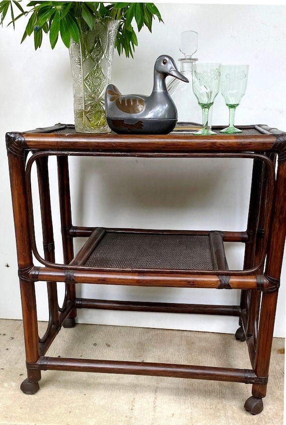 Super Cute 2-Tier Bamboo Cart With Wheels — Mid-Century Style Rolling Cart With Armrests & Storage, Rustic Brown Side Table For Living Room, Office, Or Bedroom