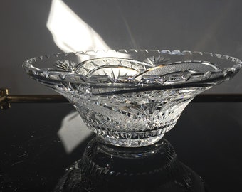 Huge crystal glass bowl, handmade, jagged edge, filigree cuts, lead crystal fruit bowl very heavy heirloom best condition MCM