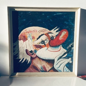 Clown painting Original oil painting of a laughing clown as a painter, large clown picture. Circus clown mural children's room around 1950