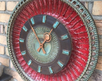 60s handmade ceramic wall clock, XXL wall plate faience silver thistle, Germany red turquoise wall plate 4.4 kg/dia 16.2&quot;, unique wall plate