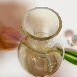 May include: A clear glass vase with a round body and a wide opening. The vase is empty and has a slight iridescent sheen.