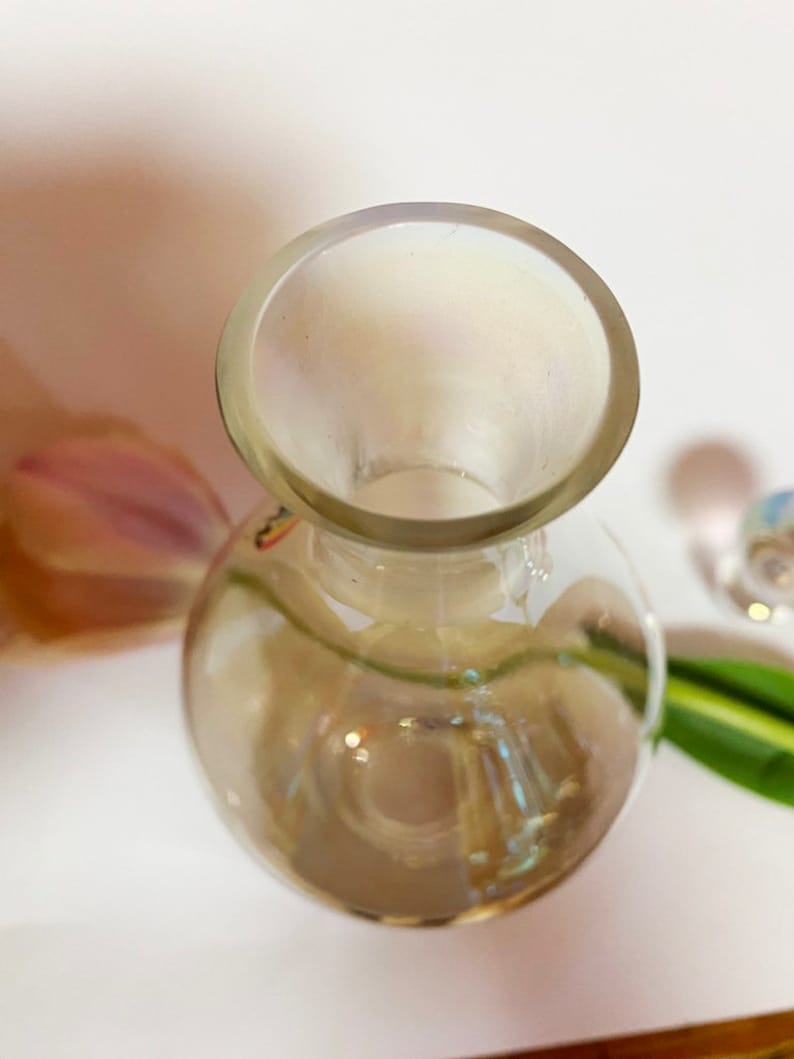 May include: A clear glass vase with a round body and a wide opening. The vase is empty and has a slight iridescent sheen.