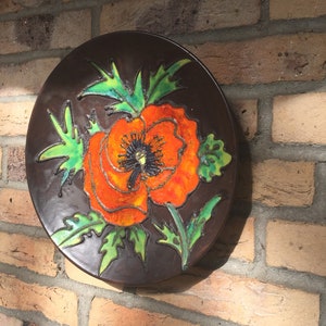 Ceramic poppy flower wall plate fruit bowl mural red  pottery Rudolf Schardt for Ruscha, West Germany hand-made 60s 70s