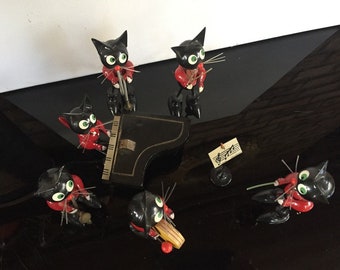 アンティークなブリキの猫の演奏隊❗️ 手作り猫オーケストラ猫バンド木彫りミニチュアアンティーク