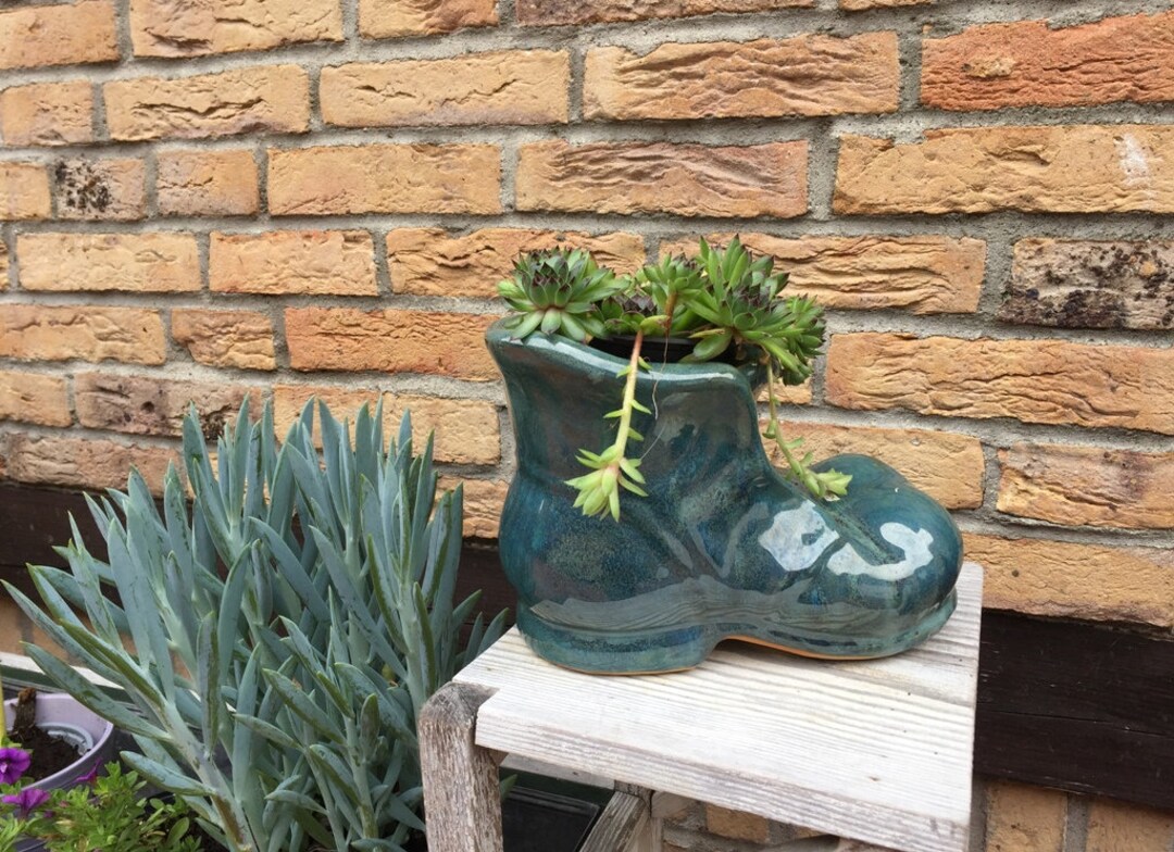 Keramik Blumentopf Schuh by Formano handgefertigt, Türkis Glasur, großer  Schuh aus Keramik, Sukkulente Pflanzgefäß, vintage