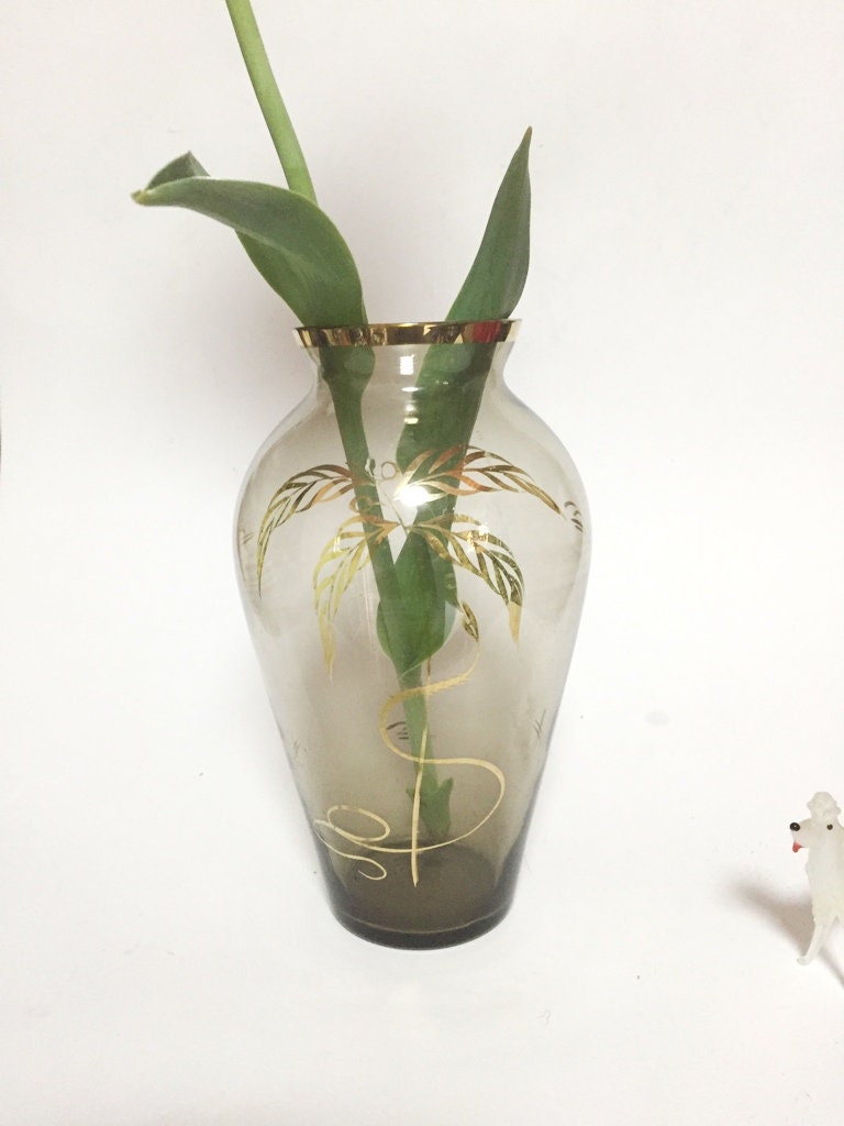 さくら　BOHEMIA　ボヘミア　置物　インテリア　工芸品　　A3249 Bohemia Glass Vase Art Deco Vase, Hand-painted Golden Palm