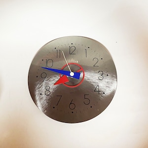 Post Modern wall clock brushed stainless steel 80s Memphis Style by Dugena, West Germany 3 D design clock hand movement red blue