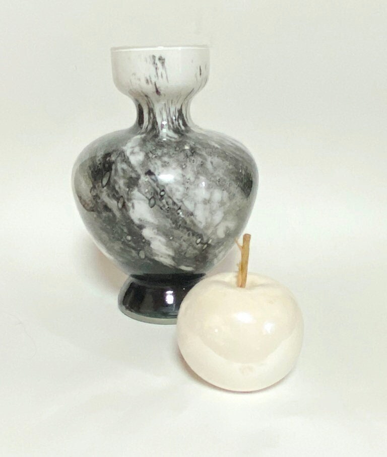Black and white Opalina Florence glass vase, handmade Mid Century Modernist glass vase, Florentine glass art, Murano  1960-70s