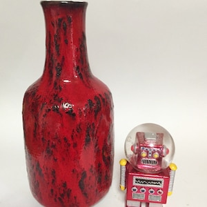 Large red ceramic vase, handmade Gräfliche Manufaktur Germany, designer handle vase High flower vase red black glaze 1960-70s