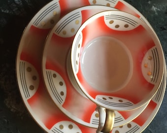 Edelstein porseleinen theekopje Art Deco Collector&#39;s Cup theeset 3-delig handbeschilderd goud EDELSTEIN Beieren, Duitsland Fijne Art Deco Zeldzaam