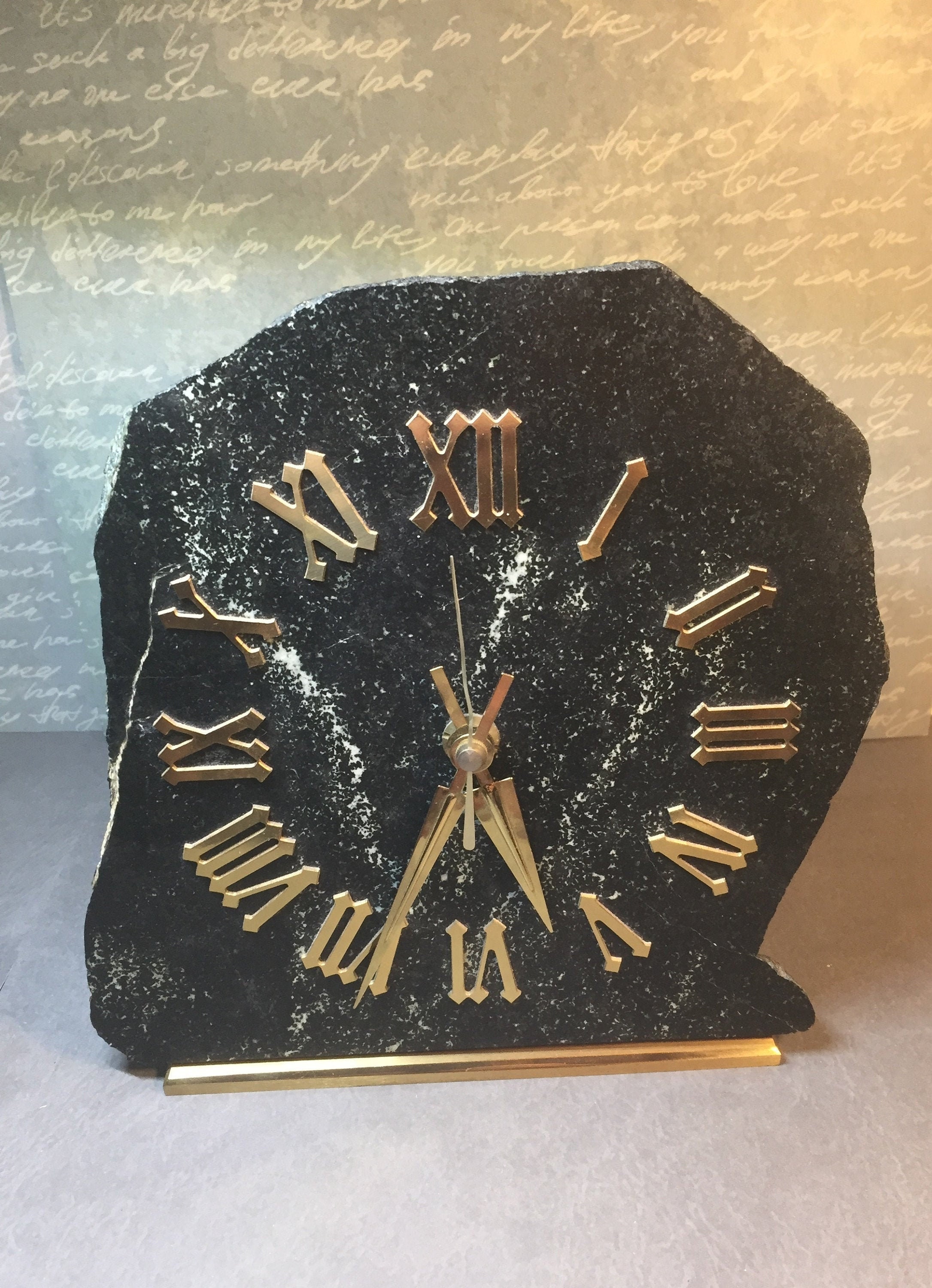 Brass Marble Table Clock, Handcrafted Italian Green Marble, One of a Kind Hollywood Regency Office, 1960s, Gift for Him