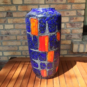 Fat Lava floor vase XXL blue orange ceramic vase, unique art ceramics handmade abstract design vase, West Germany Pop Art- 1970s