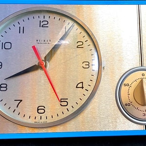 WEIMAR wall clock brushed stainless steel kitchen clock plus short-time clock 1970s Germany glass window tested and serviced! MCM rare