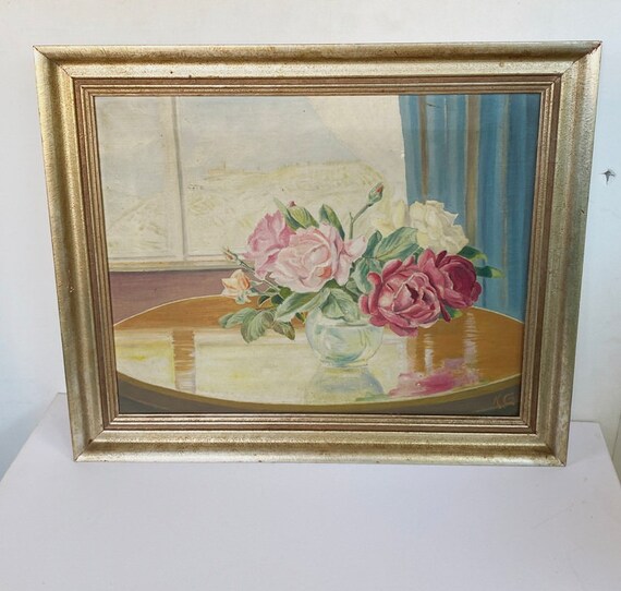 Öl-Gemälde Rosen pink weiss Rosen altes Stillleben Blumen in Glasvase,  Interieur Szene Glasvase Schloss Silber Rahmen Germany 30s | Bilder