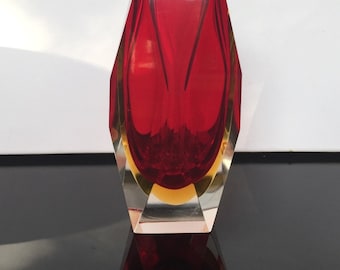 Red Murano Vase, Mandruzzati Sommerso Vase red yellow, handmade multi faceted Original Murano Label MCM Glass Vase 60s