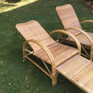 Boho bamboo lounge chair, rattan deck chair, lounge chair extendable- Hollywood Regency weave, garden chair folding 1960-70s