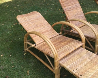 Chaise longue en bambou, chaise longue en rotin, chaise longue extensible - Hollywood Regency vannerie, chaise de jardin pliante années 1960-70