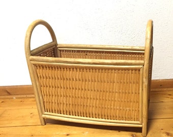 magazine rack bamboo 1970s original rattan  natural storage living magazines, handmade newspaper basket boho home