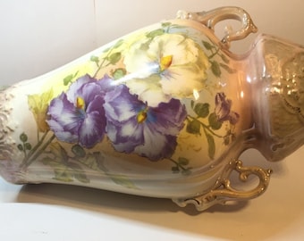 Anton Mehlem staande vaas, Royal Bonn Art Nouveau vaas, handgeschilderde blauwe hibiscusbloemen, roze geel pastel, Duitsland gesigneerd, uniek