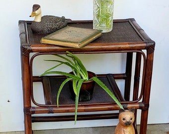 Vintage Rattan Bar Cart Bamboo Cane Trolley Wicker Braid Serving Cart Handcrafted Mid Century Boho Table Tiki Interior 1960-70