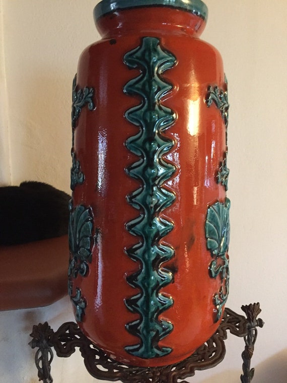 1960 70s Stunning Ceramic Red Orange Turquoise Tall Floor Vase 25 Lovin Doves Boho Design Interior