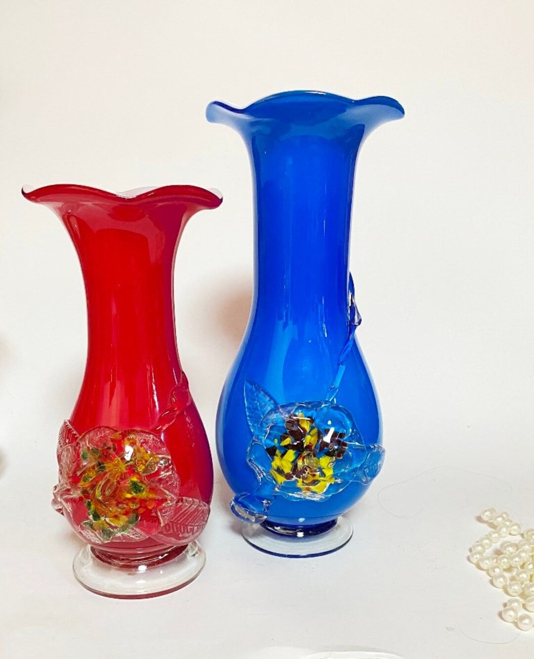 Victorian Glass Vase Plum Blossom Handmade Vases Red Blue Glass Thread