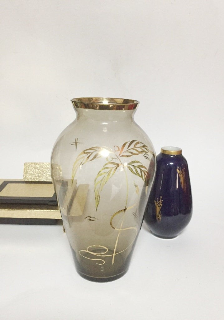 さくら　BOHEMIA　ボヘミア　置物　インテリア　工芸品　　A3249 Bohemia Glass Vase Art Deco Vase, Hand-painted Golden Palm