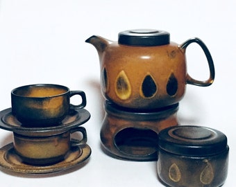 Service à thé en céramique des années 60 fait à la main, Design Kermaik tasses à thé uniques théière style scandinave Roerstrand Prokope Era 60s 70s